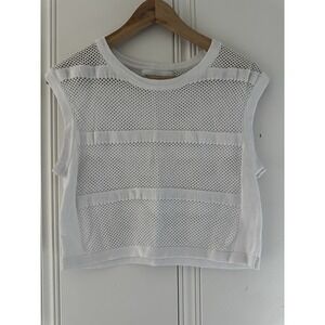 Self Contrast Mesh Knit Crop Top Womens Medium White Cotton Open Knit Sweater